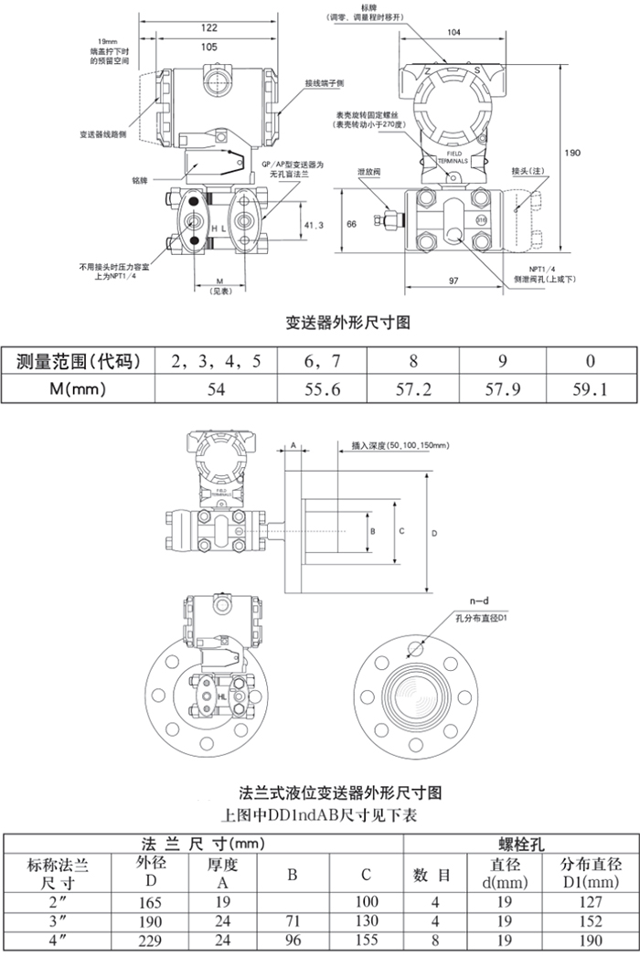 法蘭式液位變送器規(guī)格尺寸表